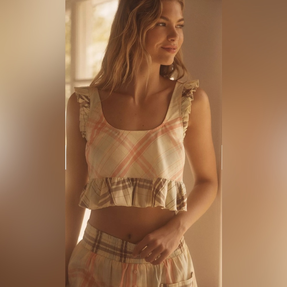 LyreBird Anthropologie Ruffle Flannel Crop Top, size Medium, NWT - Picture 2 of 3